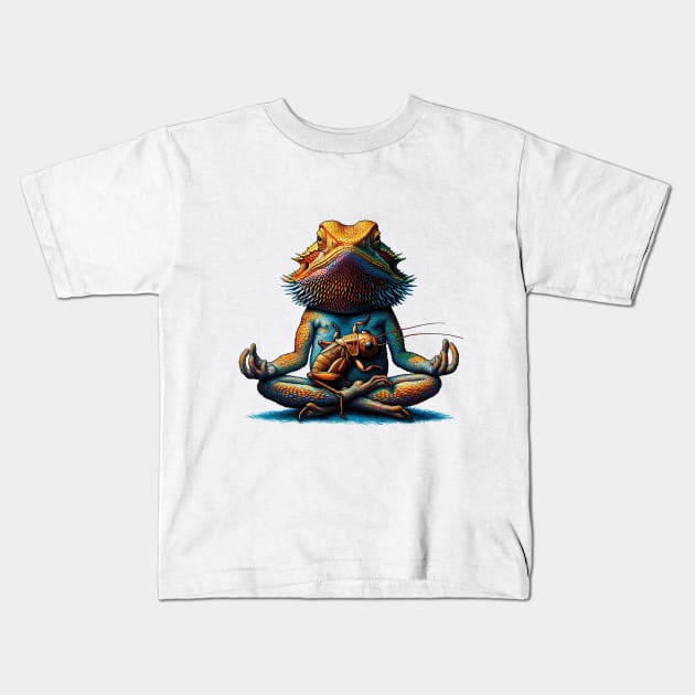 Meditating Bearded Dragon With Cricket Kids T-Shirt by Sideways Tees